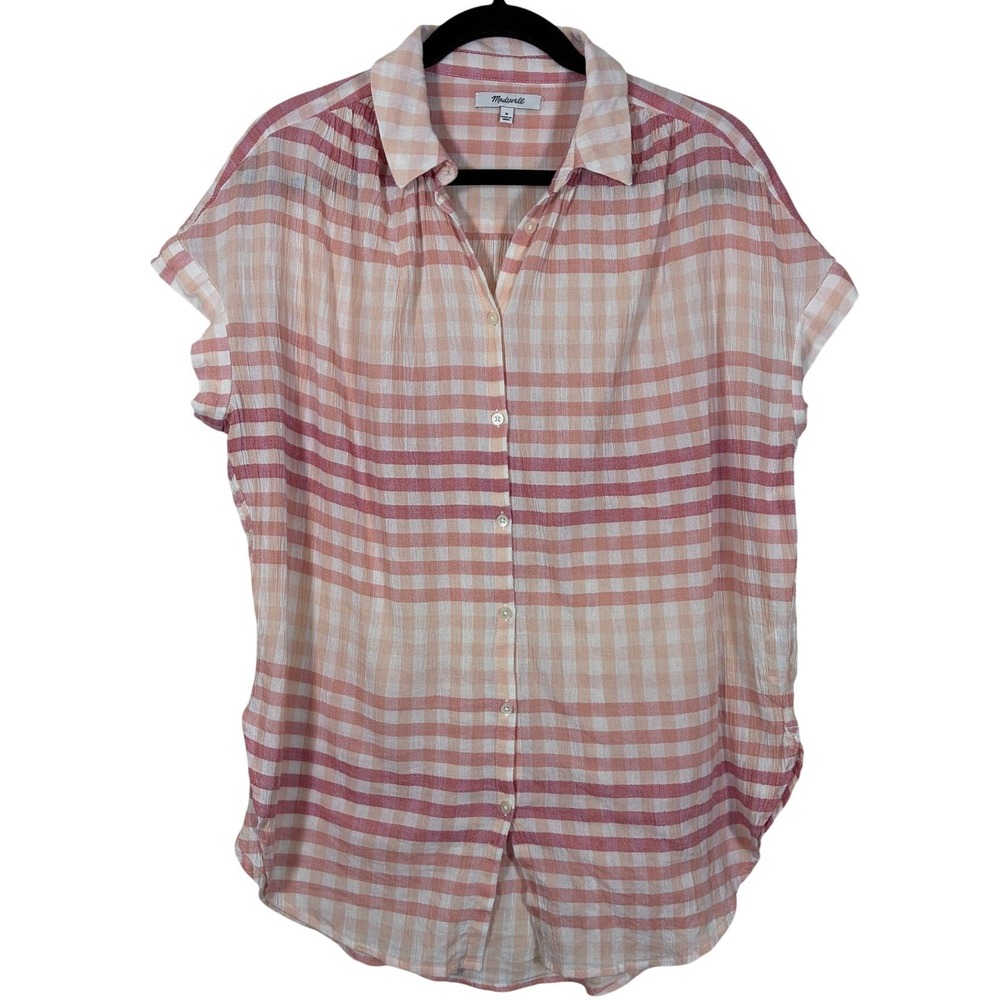 Madewell Pink Cotton Plaid Short Sleeve Button Down Top Medium Cottagecore